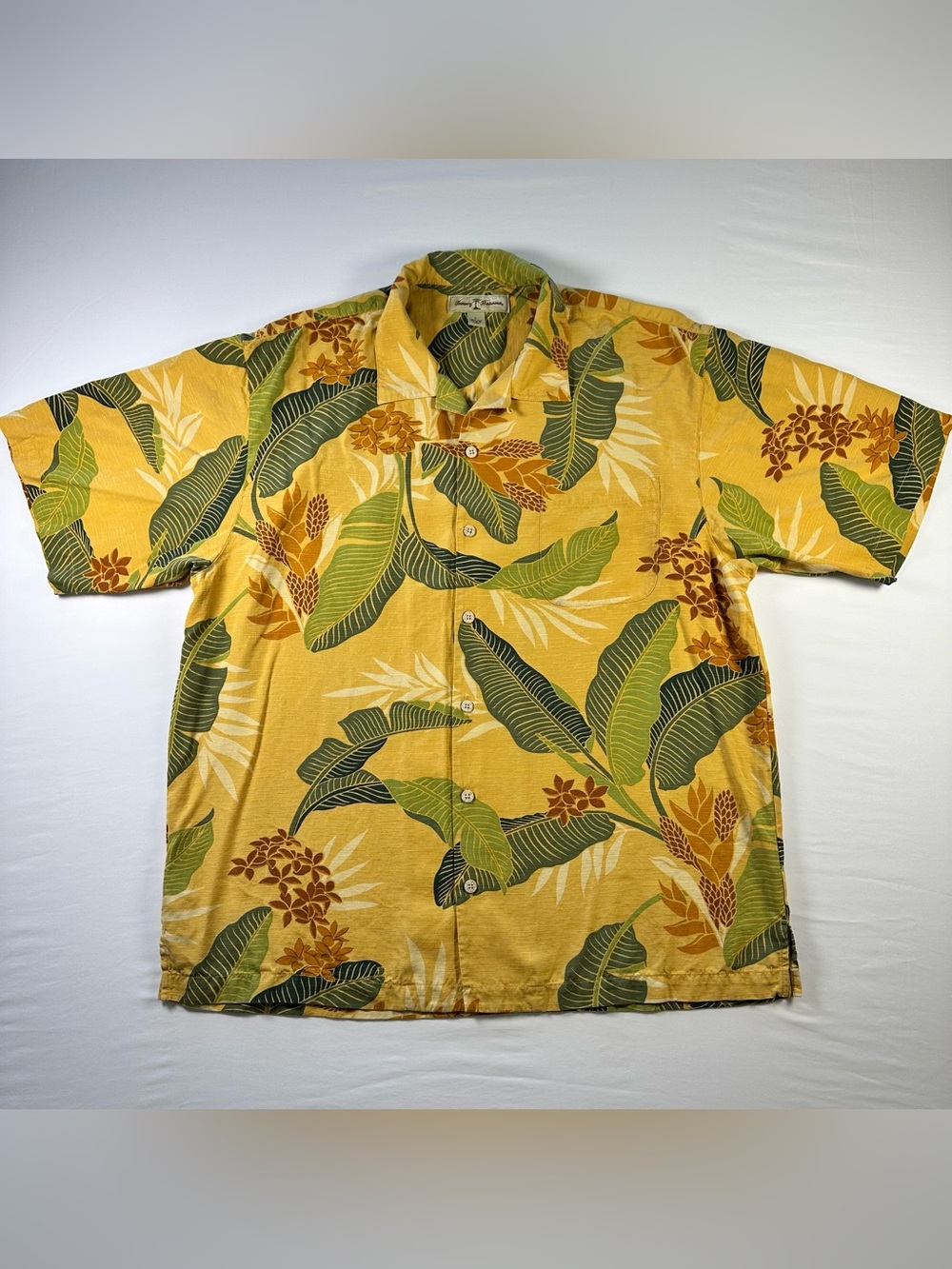Tommy Bahama Silk Hawaiian Shirt Mens L Yellow Green Floral Camp Aloha